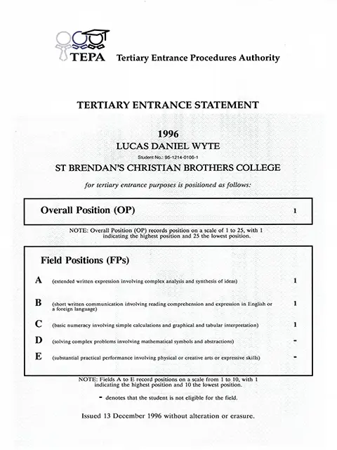 Tertiary Entrance Statement